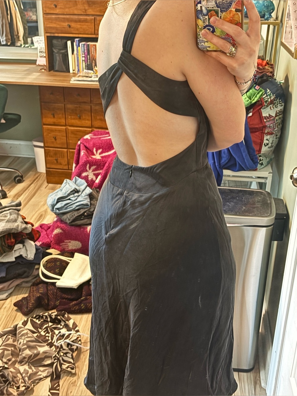 Moda International Black Open-Back 100% Silk Slip Dress